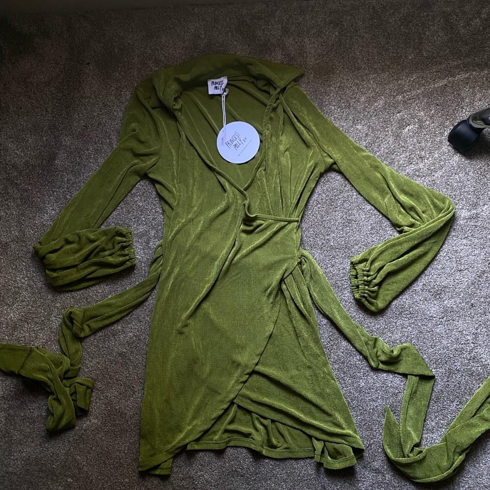 NEW Princess Polly Long Sleeve Wrap Mini Dress (Green)